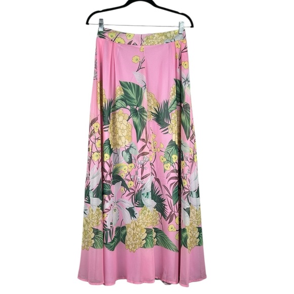 Floral Dresses & Skirts - Pink & Yellow Floral Tropical Summer Spring Flowy Vacation Maxi Skirt Skirt L